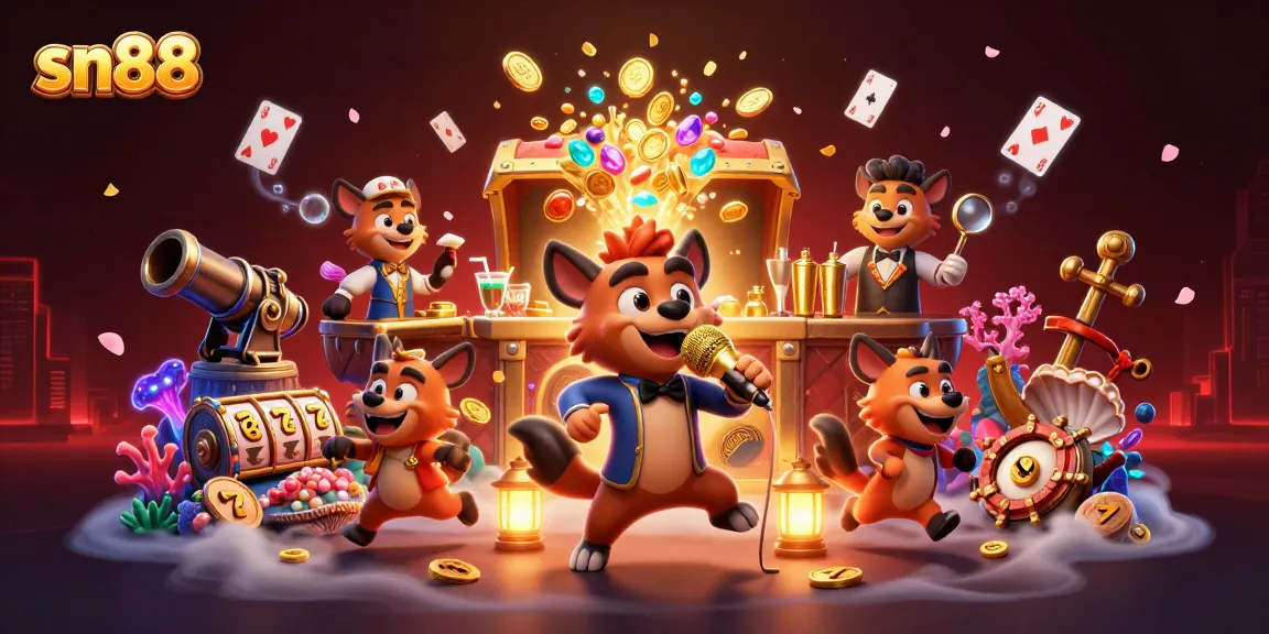 sn88 players enjoy a vibrant casino scene with hyenas, golden slots, and lively decorations.