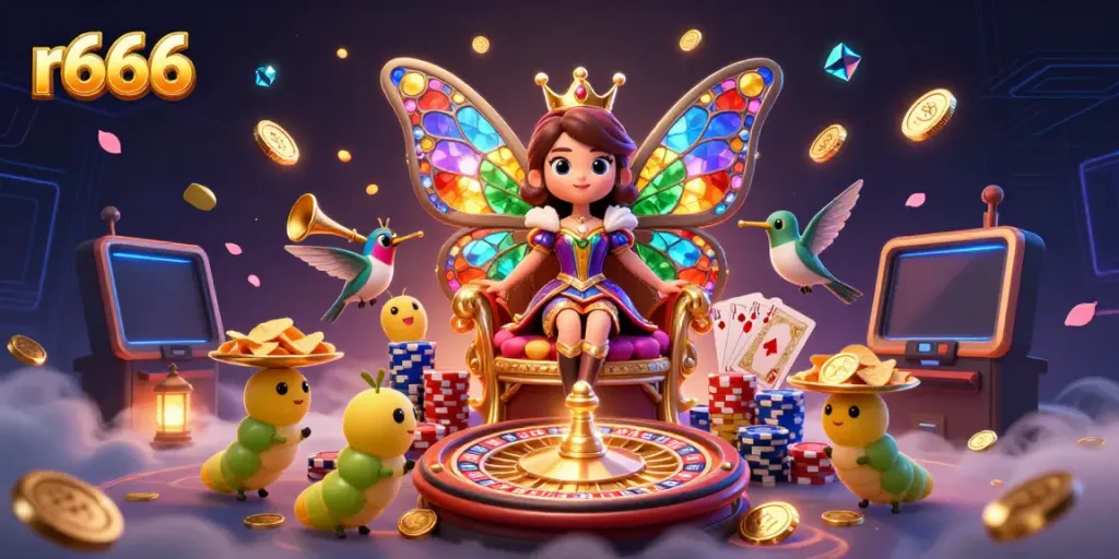 Engage with R666's enchanting casino scene featuring a butterfly queen and dynamic game elements.