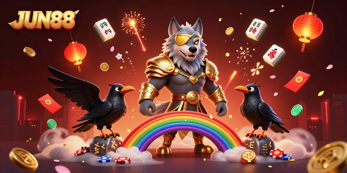 Engage with JUN88's thrilling online casino experience featuring vibrant characters and dynamic game elements.
