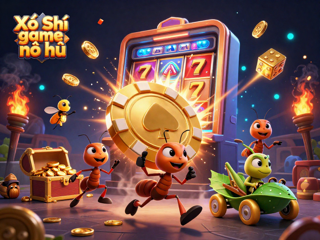 Xổ Số game nổ hũ highlights a vibrant 3D cartoon scene of a heist with playful ants, showcasing casino elements.