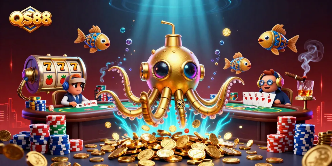 Experience the excitement of QS88 with a vibrant casino scene showcasing a kraken submarine and slot machines.