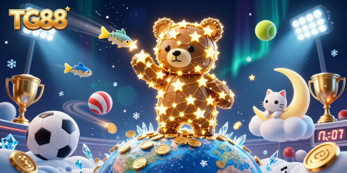 Engage with TG88 gaming excitement as the constellation bear scoops coins amidst dynamic sports elements and shimmering effects.