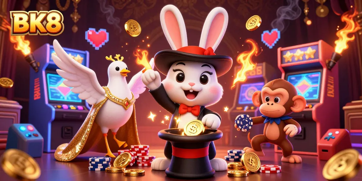 BK8 magician rabbit delivering golden coins in a vibrant 3D casino scene with excitement and fun.