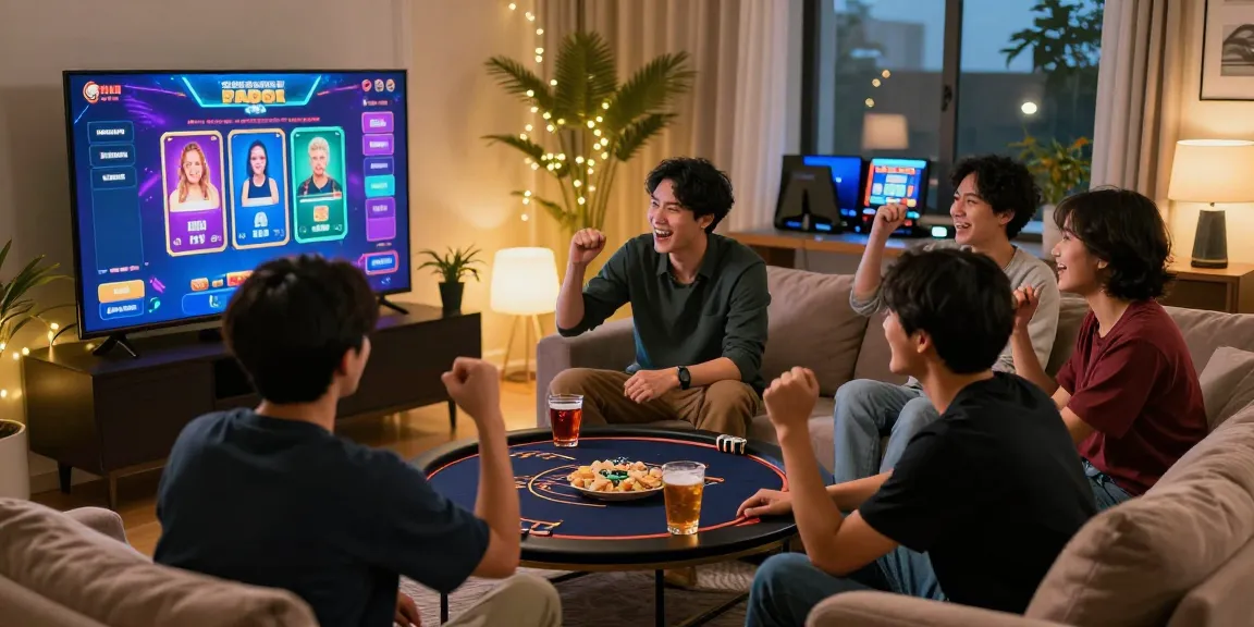 Engaged group enjoying slot poker in a cozy living room with snacks and drinks.