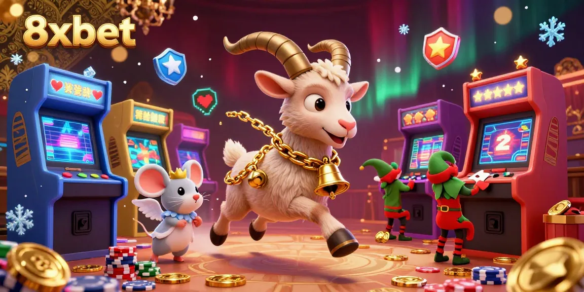 8xbet casino illustration showcasing festive Krampus and elf gremlins in a dynamic holiday gaming scene.