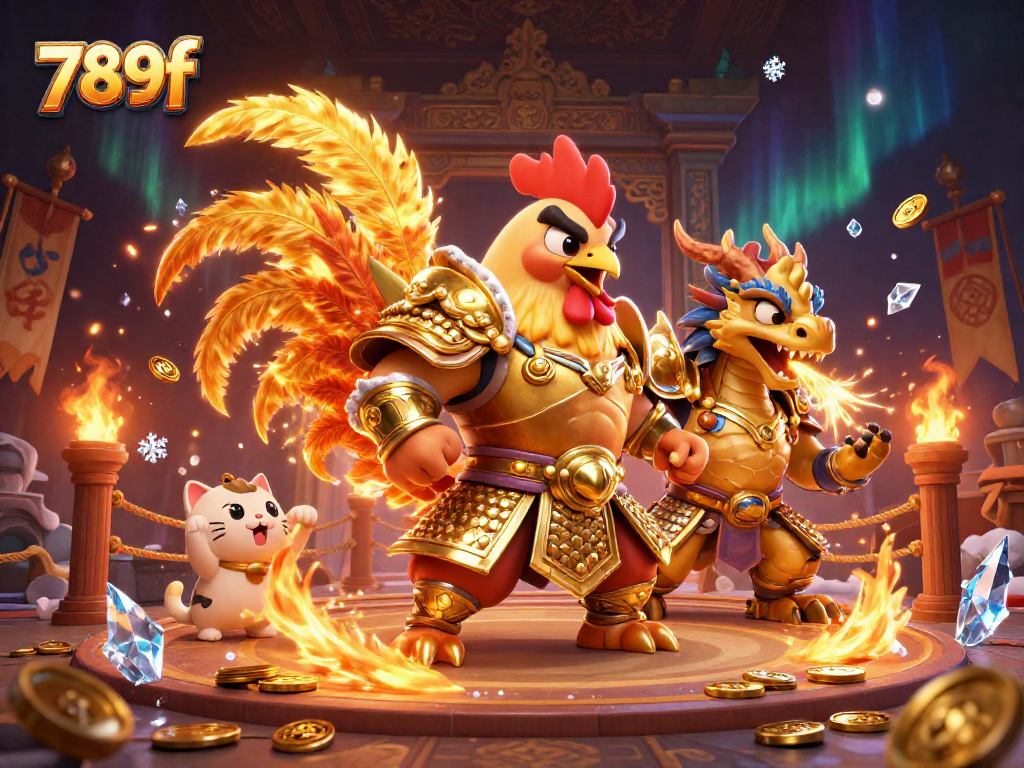 Engage in exciting gameplay at 789f with a powerful rooster warrior and a fierce dragon in a dynamic casino scene.