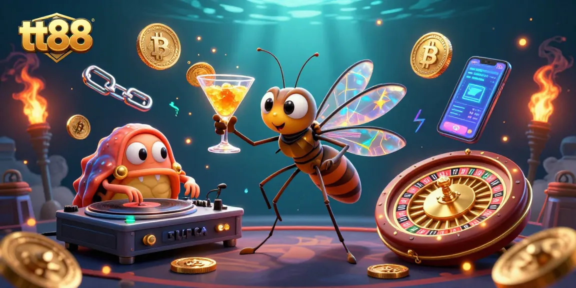 Join the vibrant tt88 casino world, featuring a mosquito mascot and trilobite DJ in action.