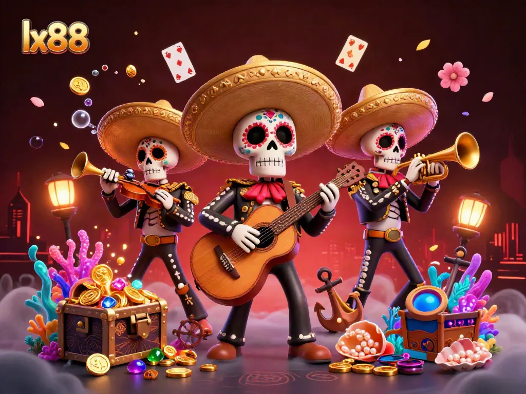 Experience the vibrant lx88 casino atmosphere with a mariachi band surrounded by gold coins and playing cards in a lively scene.