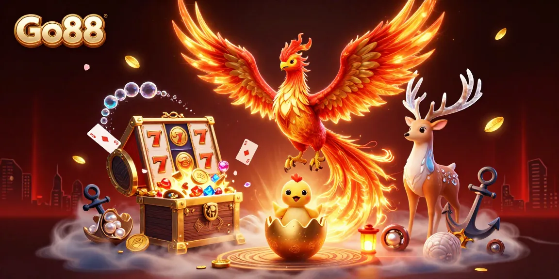Experience thrilling gaming adventures with Go88, featuring a fiery phoenix and dynamic casino elements.