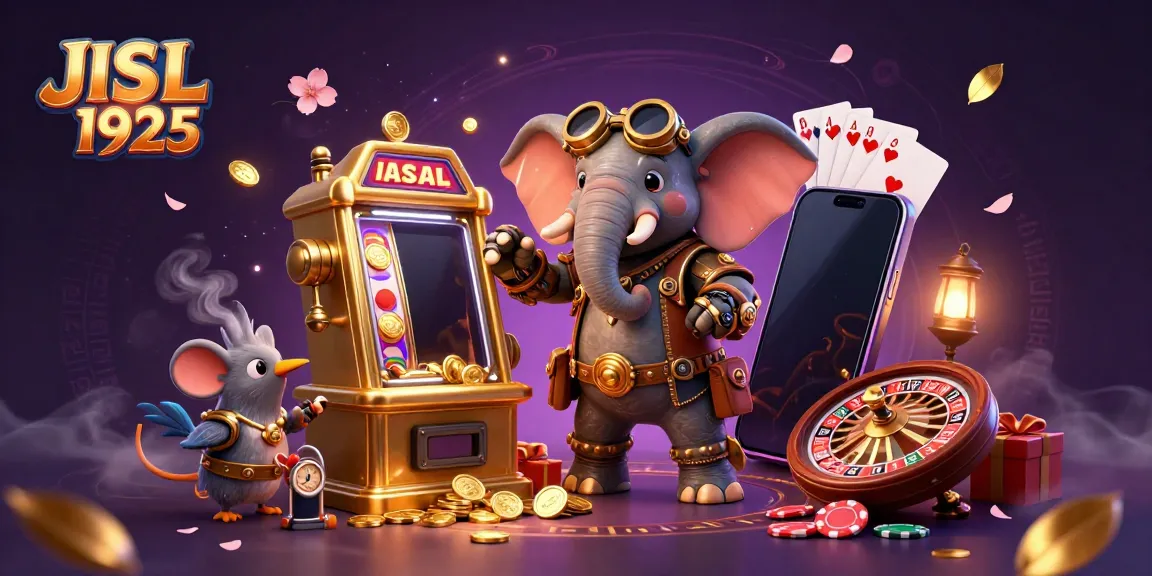 Engage with the vibrant scene depicting JIS L 1925, a steampunk elephant engineer operating a golden slot machine amidst a casino-themed spectacle.