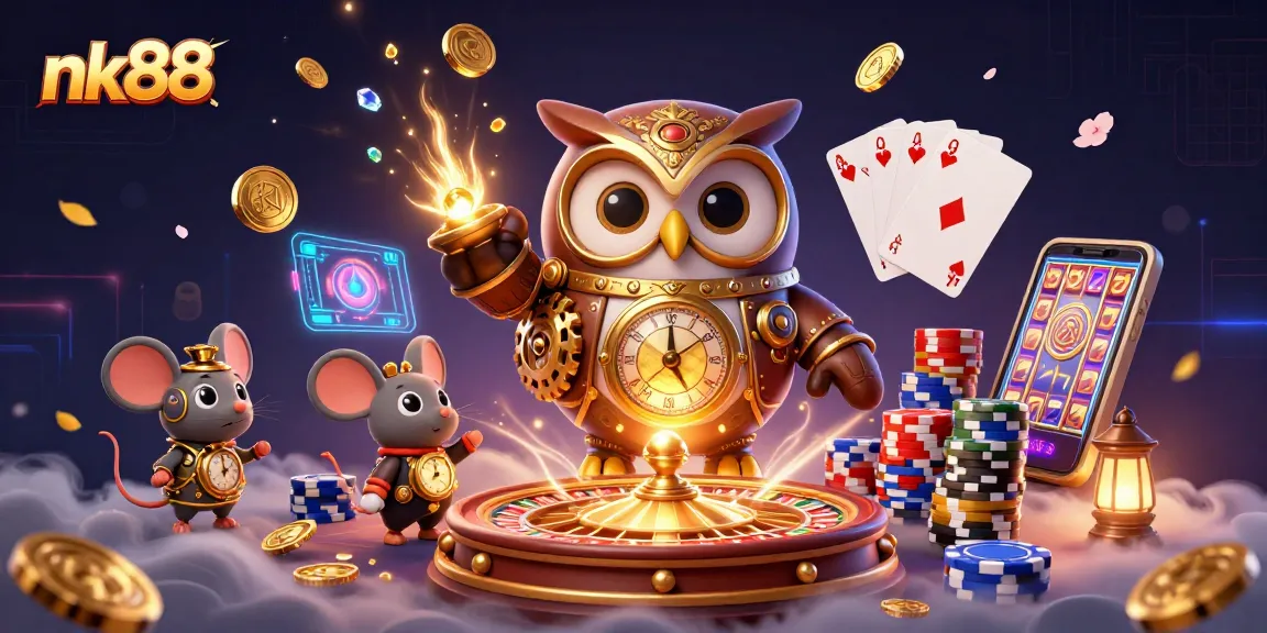Experience the thrill of nk88 with vibrant 3D casino elements cascading around time-traveling owl and mouse.
