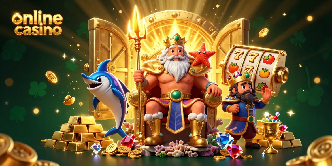 Experience thrilling action at an online casino with Neptune and riches in this vibrant 3D illustration.