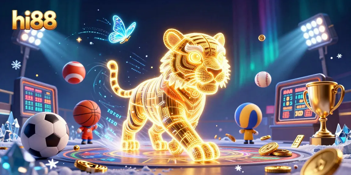 Engage with hi88's vibrant gambling universe showcasing neon light tiger and dynamic sports elements.