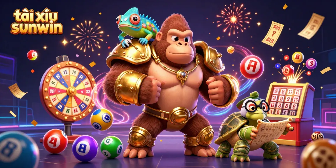 Tài xỉu sunwin illustration featuring a powerful gorilla, chameleon, and wise tortoise in a dynamic casino scene.