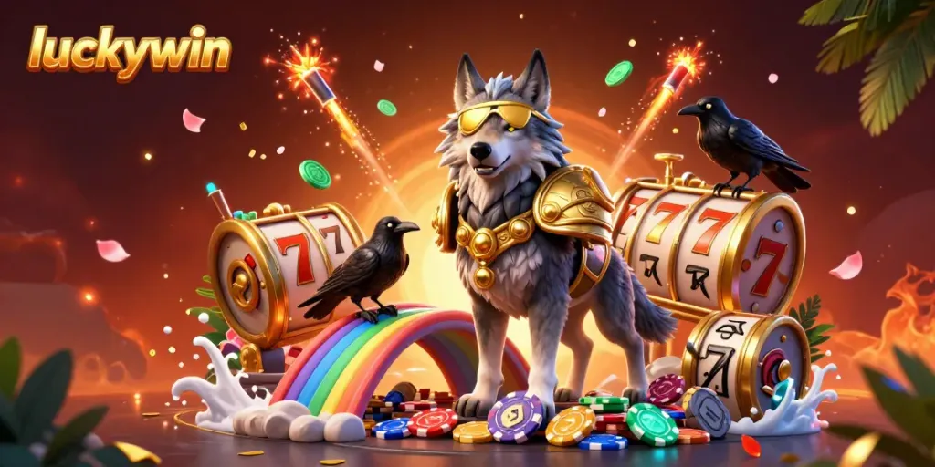 Experience exciting gameplay with luckywin's vivid slot action depicted in a 3D illustration.