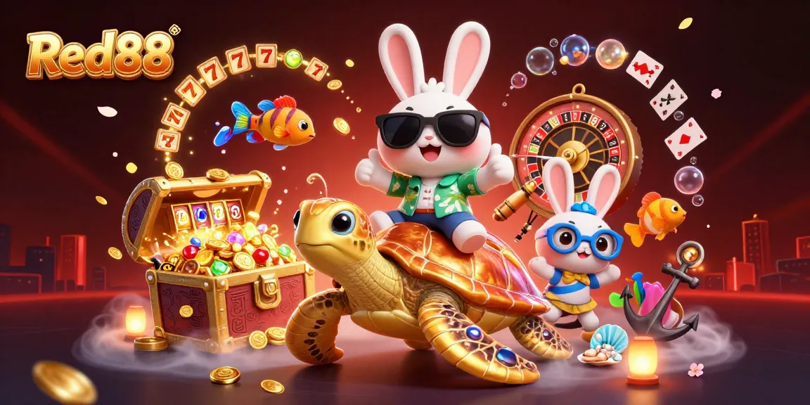 Experience Red88's vibrant online casino adventures with our lucky rabbit and golden sea turtle in a dynamic scene.