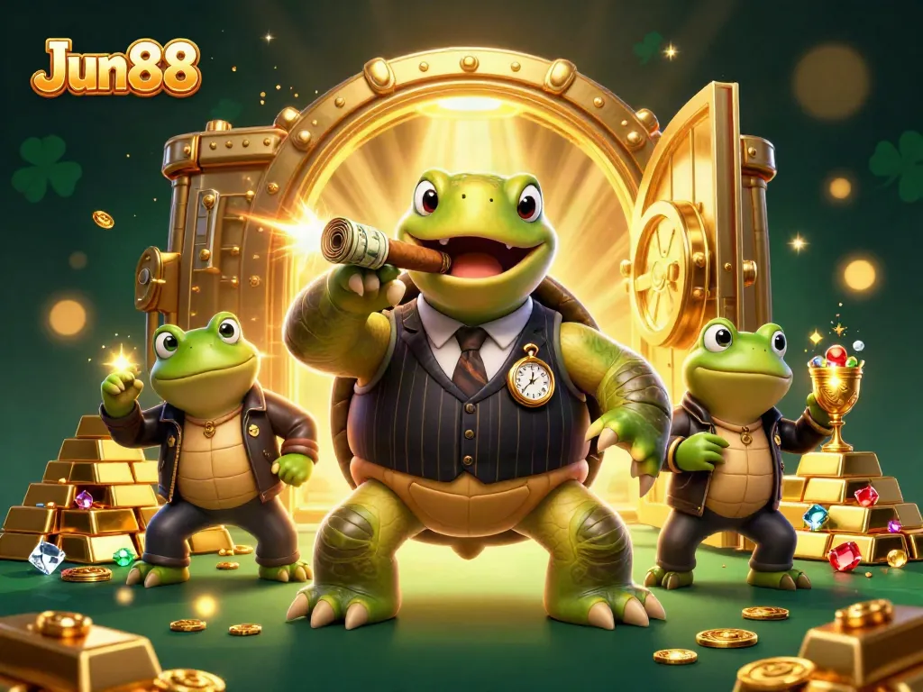 Experience Jun88 excitement with a massive snapping turtle and bullfrog enforcers in a vibrant casino.