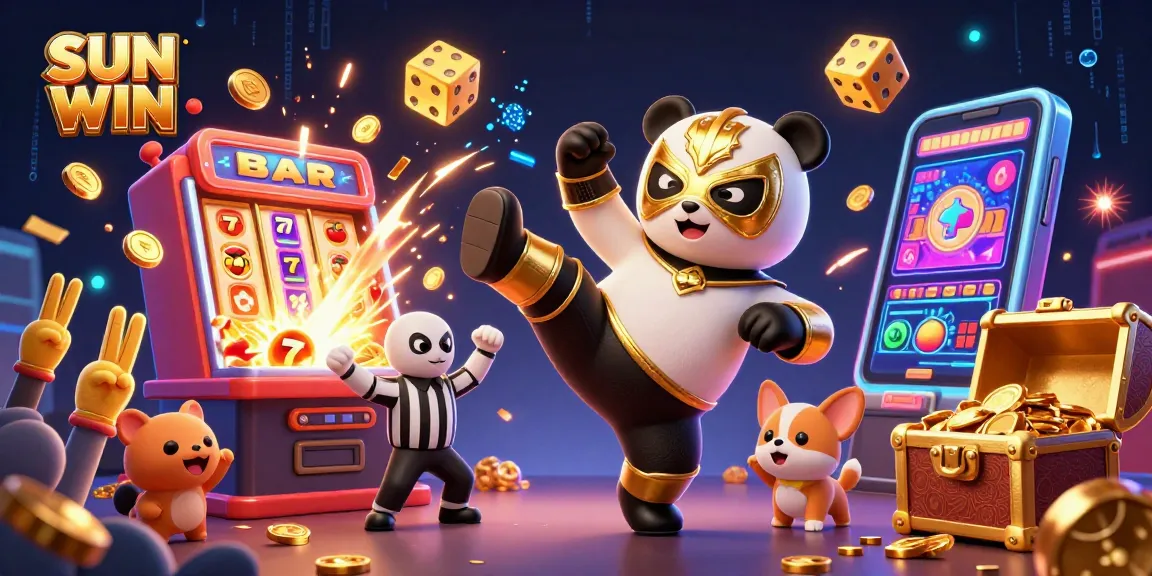 SUN WIN captivates with a lively 3D scene featuring a wrestler panda, a referee chihuahua, and a vibrant casino atmosphere.