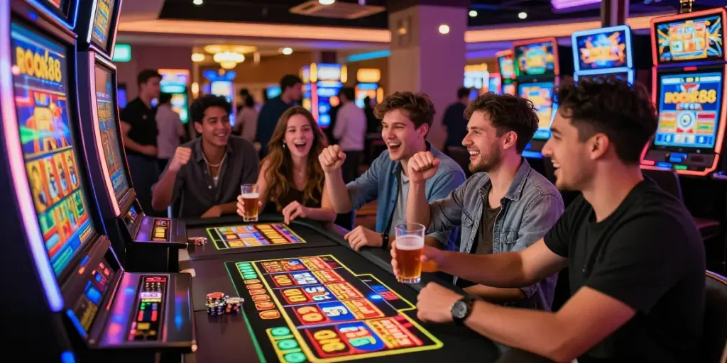 Exciting group of friends celebrating their win at the rokok88 slot machine in a lively casino.