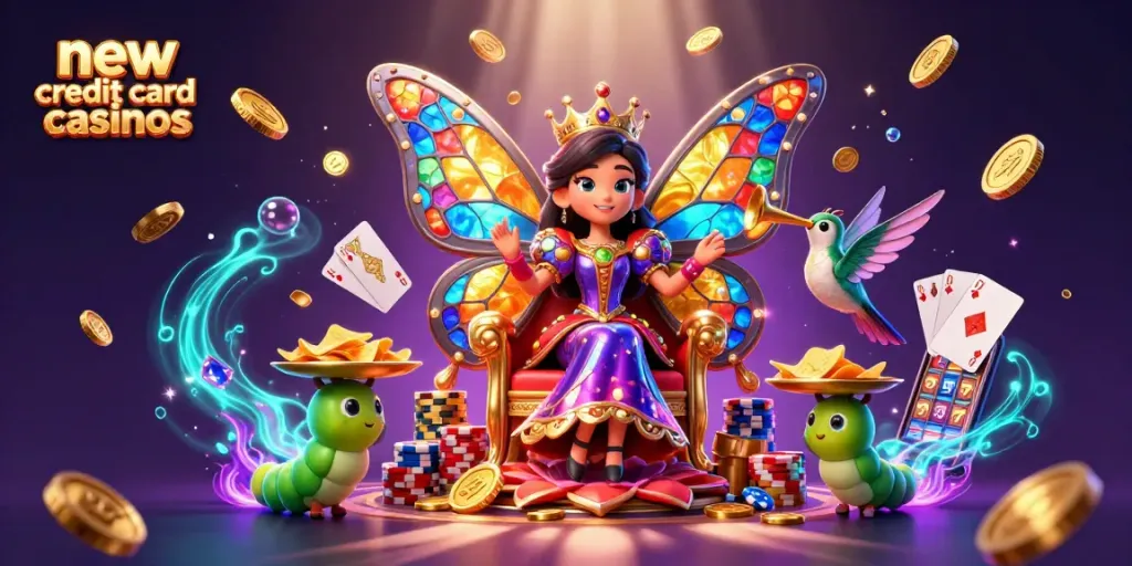 Experience the thrill of new credit card casinos with this vibrant casino scene featuring dynamic symbols and characters.