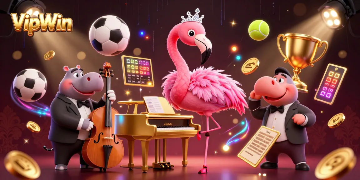 Engage with thrilling gameplay at VipWin while exploring vibrant casino elements featuring a flamingo singer and hippo bassist.