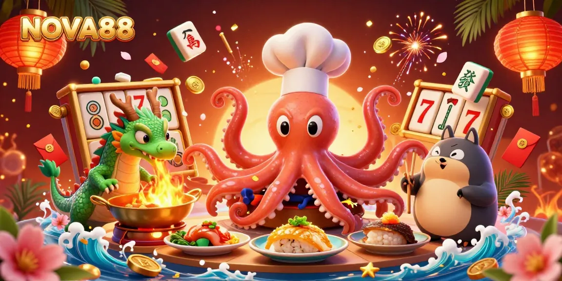 NOVA88 players spinning slot reels and winning in a vibrant 3D casino scene.