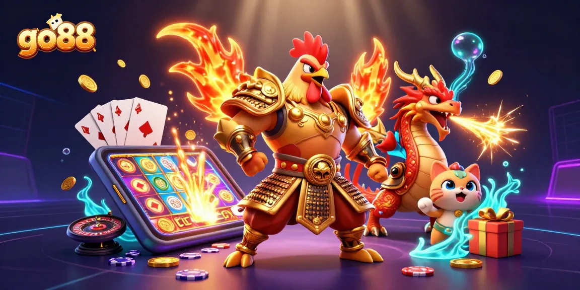 Engage with go88's vibrant gaming scene featuring a fighting rooster warrior, dragon hatchling, and slot games.