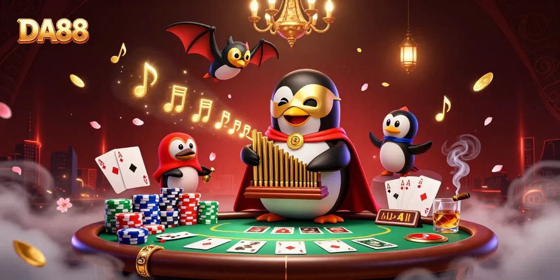 DA88 gameplay illustration with a phantom penguin and vibrant poker elements creating a captivating casino experience.