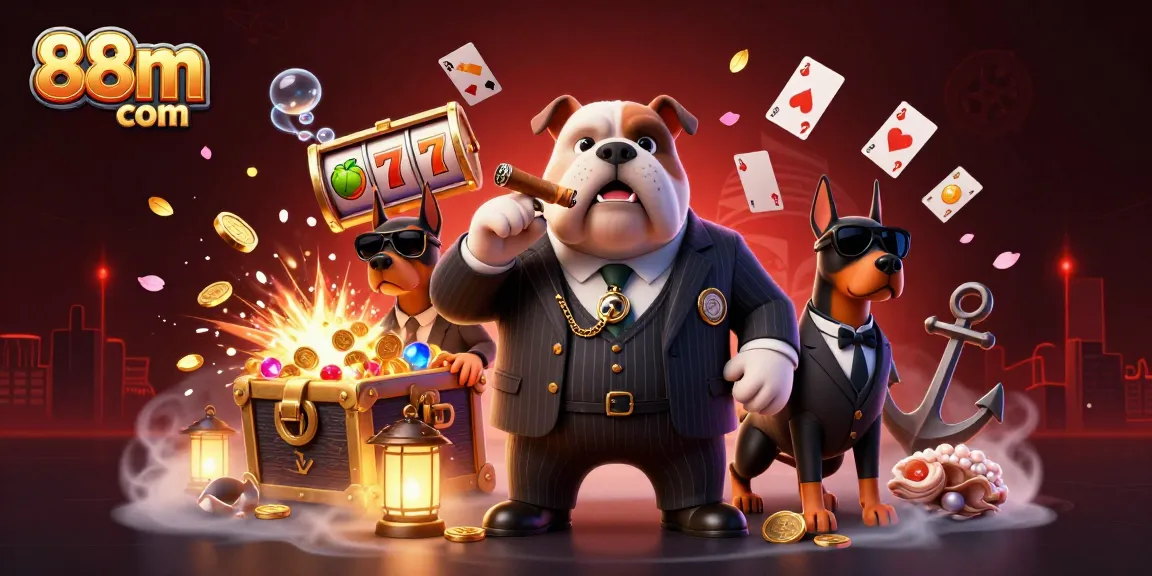 Spin your way to fortune with the 88m com online casino, featuring a vibrant 3D scene of a bulldog mafia boss.