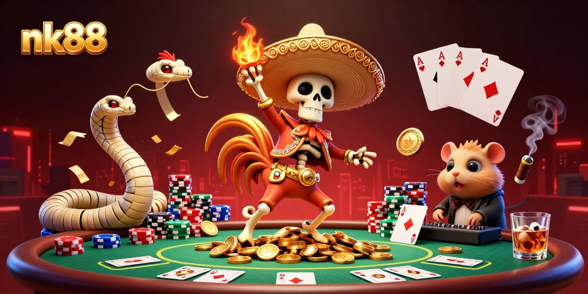 Experience thrilling gameplay with nk88, featuring a jubilant mariachi rooster amidst an extravagant poker scene.