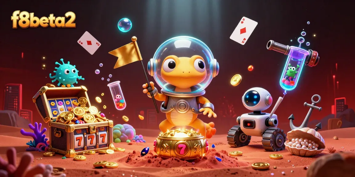 Join the Martian gecko in f8beta2's casino adventure, surrounded by gold and excitement.