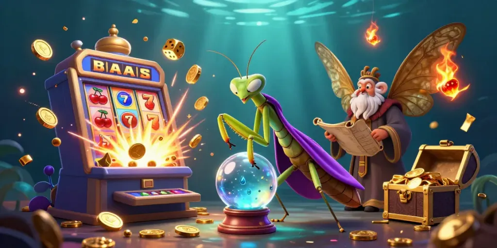 Spin and win on slots with a vibrant scene featuring fortune tellers, treasures, and jackpot excitement.
