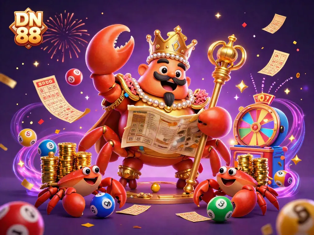 Experience the excitement of DN 88 with a dynamic 3D cartoon scene filled with colorful lottery elements and a golden crab emperor.