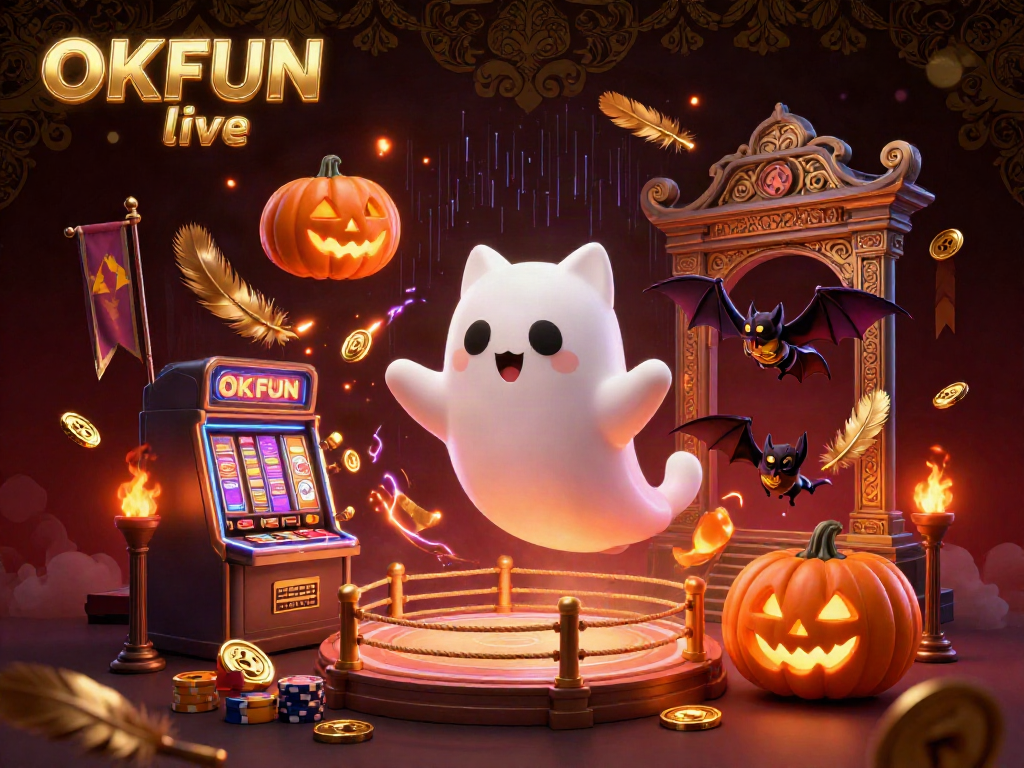 Experience thrill with OKFUN live in a vibrant haunted casino, featuring a ghost cat and glowing jack-o-lanterns.