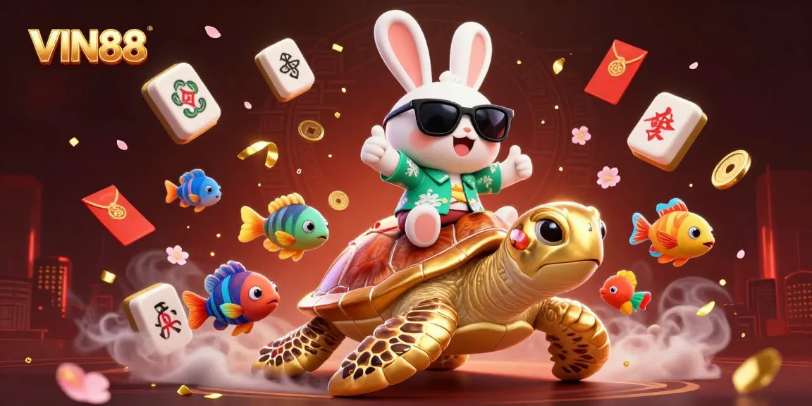 Experience the vibrant world of VIN88 with a lucky rabbit and sea turtle in a colorful casino adventure.