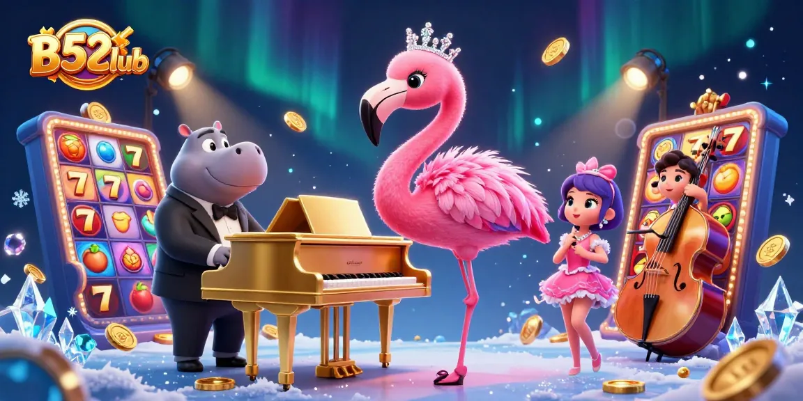 B52Club brings excitement with vibrant casino characters, slot game elements, and dazzling lights.