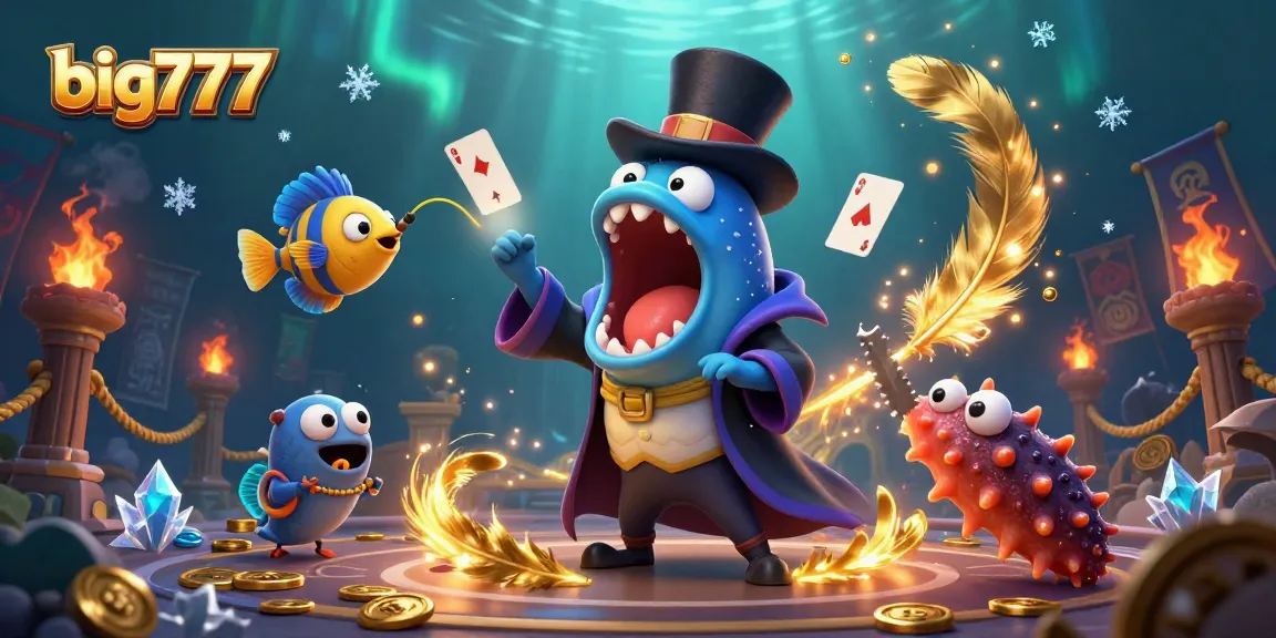 big777 inspired scene featuring a magical deep-sea eel and anglerfish celebrating casino jackpots with gold coins