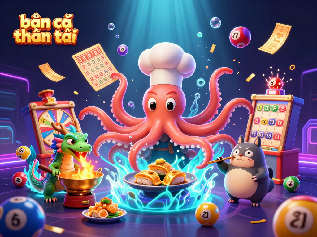 Bắn cá thần tài captures a vibrant 3D scene with a sushi chef octopus, dragon, and tanuki amidst lottery excitement.