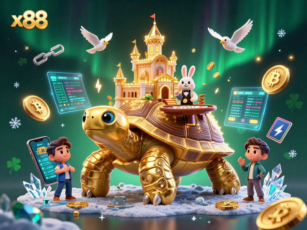 Play at x88 Casino with a vibrant scene featuring a golden tortoise and crypto elements.