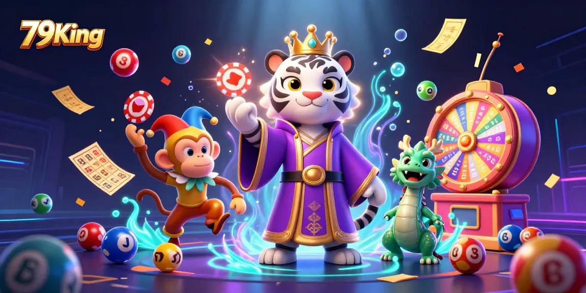 Engage with the excitement of 79King's vibrant casino scene featuring a white tiger, jester monkey, and jade dragon.