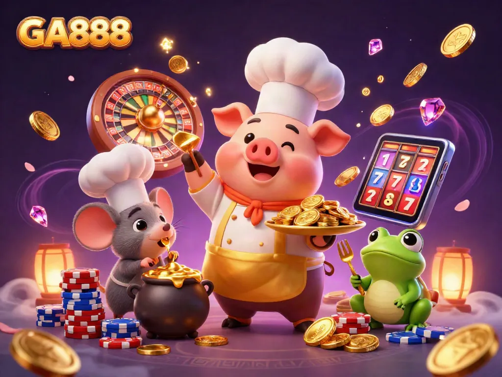 Experience the thrill of GA888 as vibrant characters celebrate with gold coins and casino action.