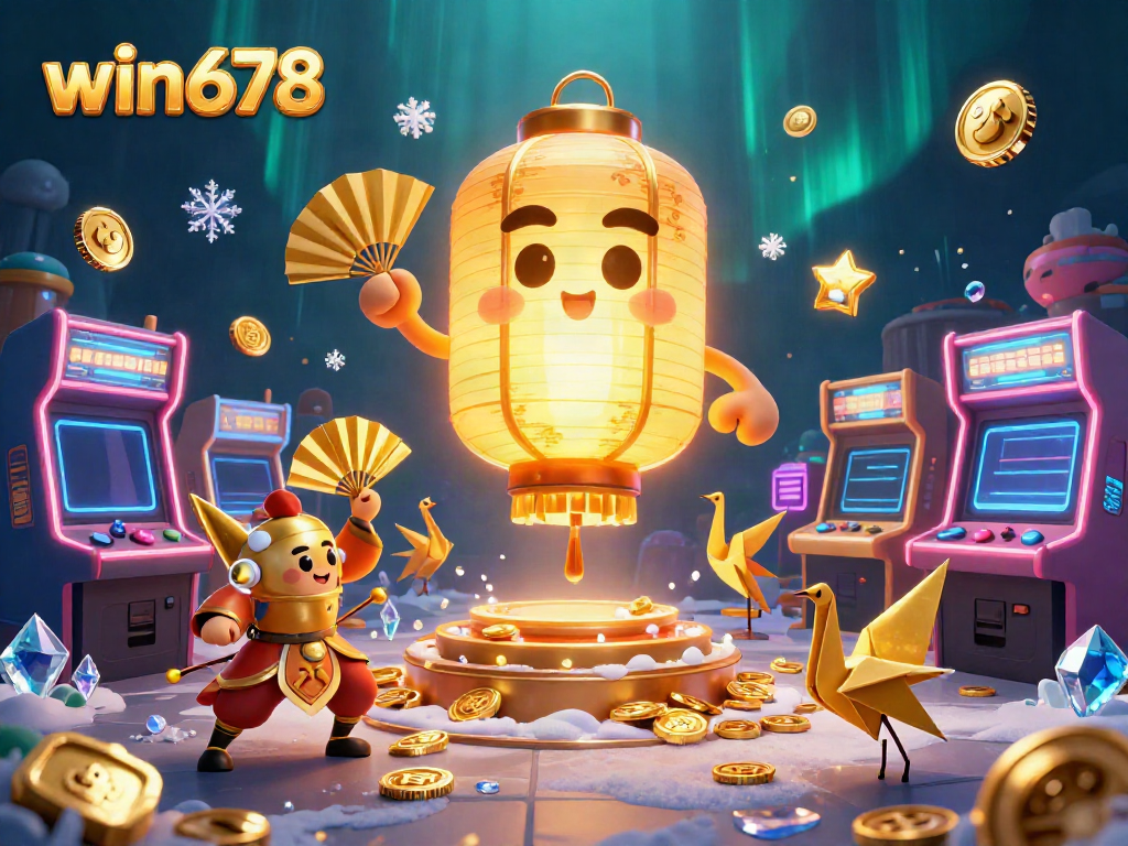 Engage with win678: 3D illustration of a vibrant casino with spirits, games, and lucky symbols.