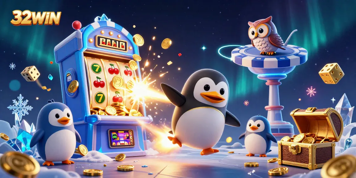 32WIN penguin racing toward a casino chip station filled with coins and slot symbols