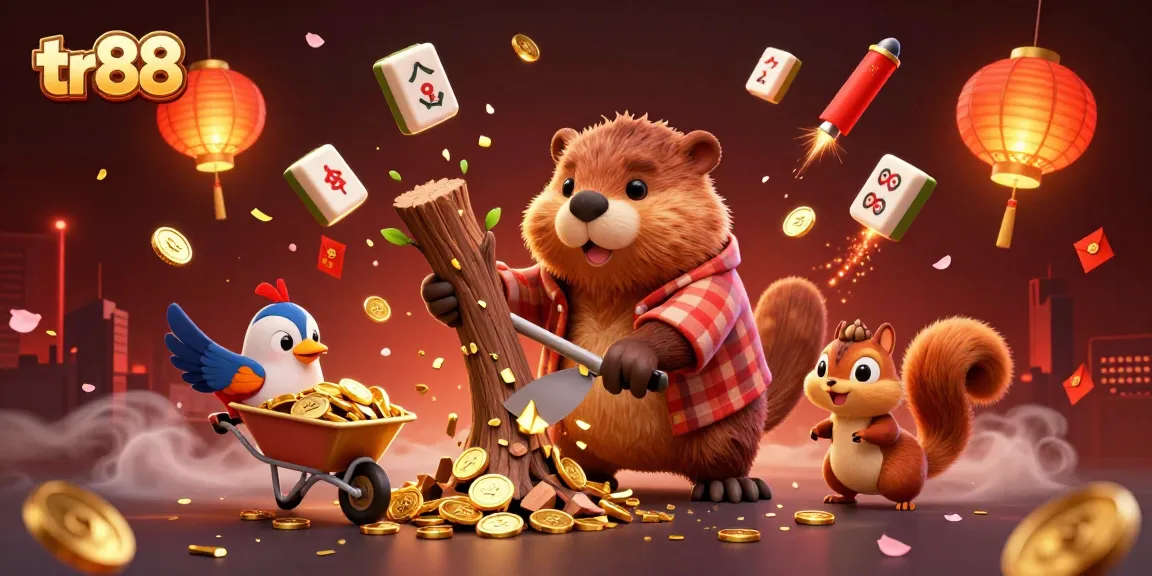 Join the action at tr88 with a vibrant 3D scene of a lumberjack beaver collecting coins in a casino.