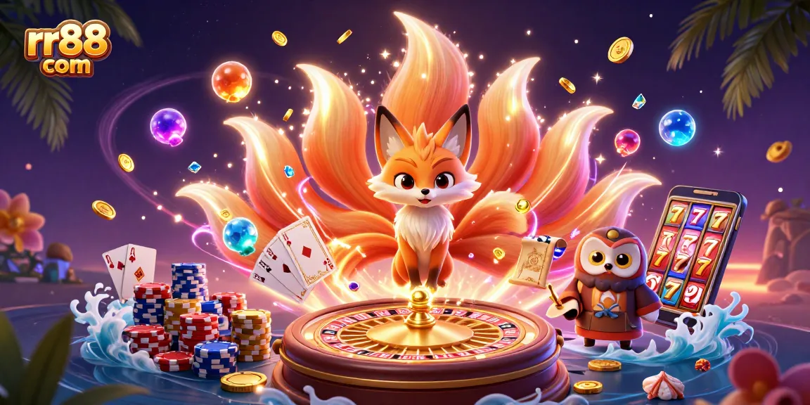 Win big with rr88 com featuring a vibrant nine-tailed fox and golden casino elements in action.