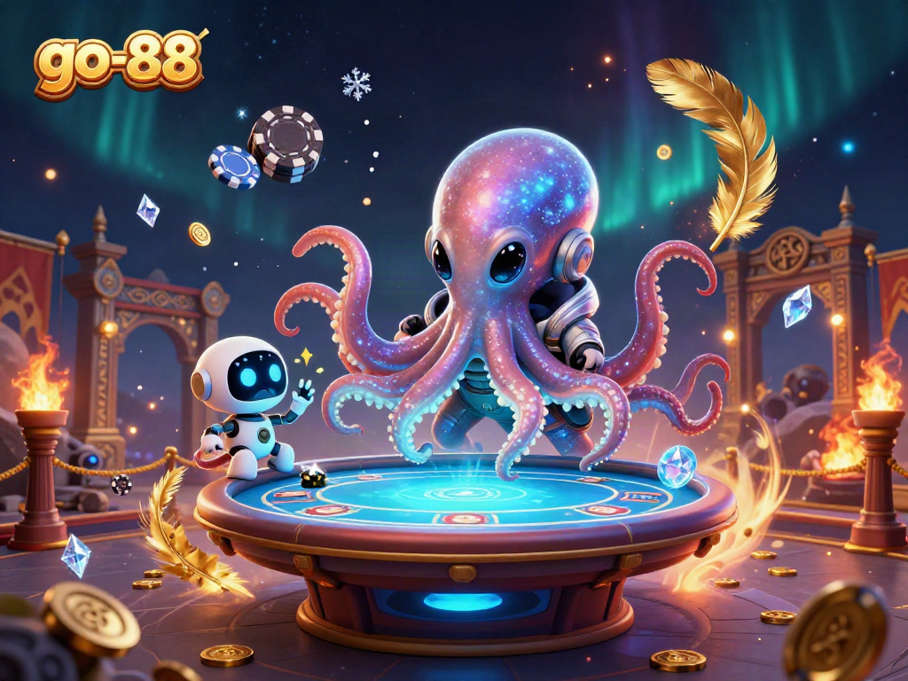 Vibrant scene from go-88 showing a playful alien octopus with poker table and floating chips in a dynamic casino atmosphere.