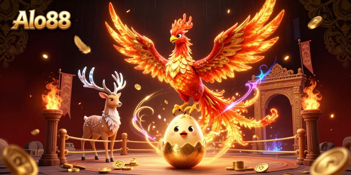 Alo88 welcomes players to a vibrant casino adventure with a fire phoenix and mystical stag.