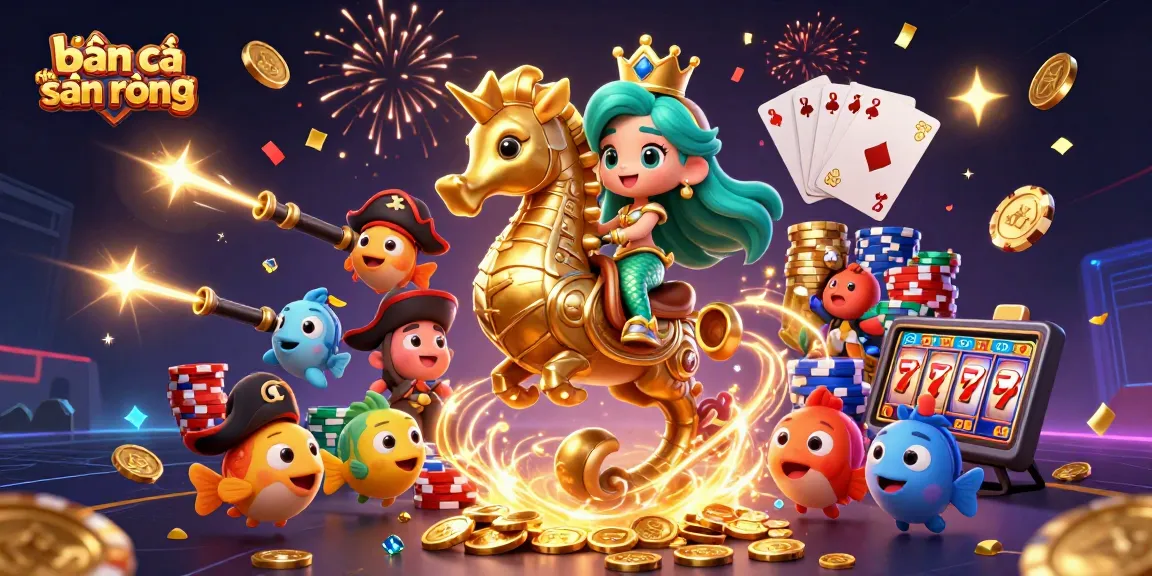 bắn cá thợ săn rồng captures a vibrant 3D scene filled with mermaid princess, seahorse, and joyful fish, symbolizing gambling excitement.