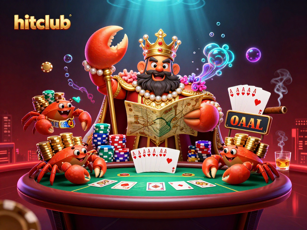 Join the hitclub with vibrant casino action featuring a golden crab emperor and rich poker elements.