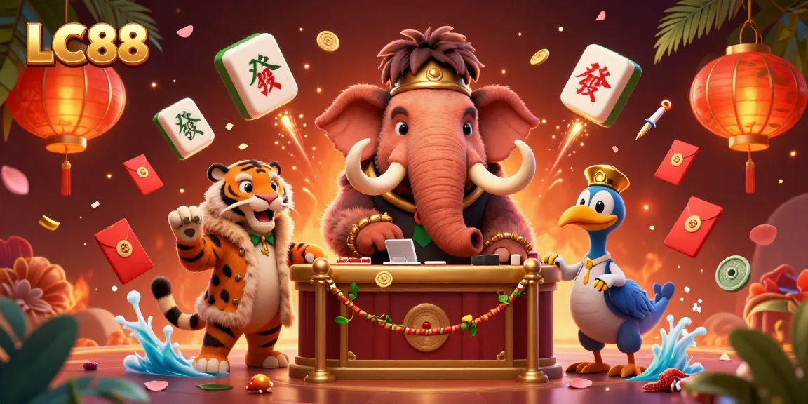 LC88 casino illustration featuring a woolly mammoth bouncer checking IDs amidst vibrant gaming elements.